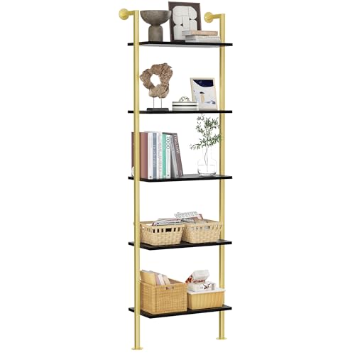 Acovy 5-Tier Bookshelf Solid Wood Ladder Shelf, Narrow Book Shelf Display Shelf, Wooden Bookcase, Wall Mount Ladder Shelf, Storage Rack for Living Room, Bedroom, Industrial Style, Black&Gold - color: Black&gold