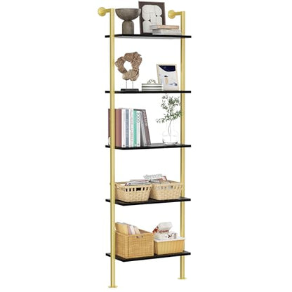 Acovy 5-Tier Bookshelf Solid Wood Ladder Shelf, Narrow Book Shelf Display Shelf, Wooden Bookcase, Wall Mount Ladder Shelf, Storage Rack for Living Room, Bedroom, Industrial Style, Black&Gold - color: Black&gold