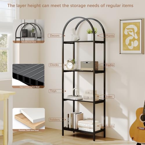 Bookshelf Arched Bookcase, 4 Tier Open Shelves with Metal Frame, Tall Freestanding Display Shelf for Home Office, Living Room,Easy Asssemble, Black - color: Black, size: 4 Tier Arched