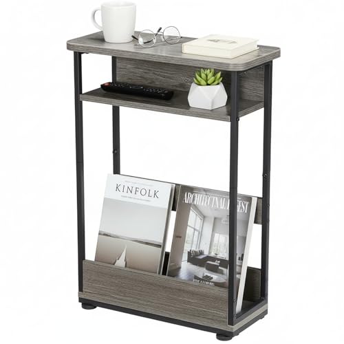 Narrow Side Table,3-Tier Slim End Table with Storage Shelf,Modern Sofa Table Thin Side Table for Narrow and Small Spaces, Skinny Bedside Table Small Nightstand with Magazine Rack Space Saving/Grey - color: Grey