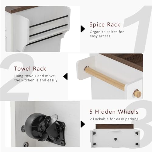Merax 53.2" Two-Tier Kitchen Island with Storage, Farmhouse Kitchen Island with Power Outlet, 4 Door Shelves, Adjustable Shelves, 3 Drawers, Rolling Island Table, Bar Cabinet for Kitchen, Rustic White - color: Rustic White