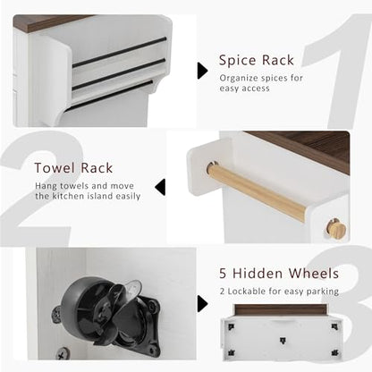 Merax 53.2" Two-Tier Kitchen Island with Storage, Farmhouse Kitchen Island with Power Outlet, 4 Door Shelves, Adjustable Shelves, 3 Drawers, Rolling Island Table, Bar Cabinet for Kitchen, Rustic White - color: Rustic White
