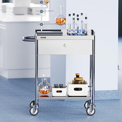 VEVOR Medical Cart, 2-Layer Stainless Steel Cart 220 lbs Weight Capacity, Lab Utility Cart with 360° Silent Wheels and a Drawer for Lab, Clinic, Kitchen, Salon - size: 2-tier with 1 drawer