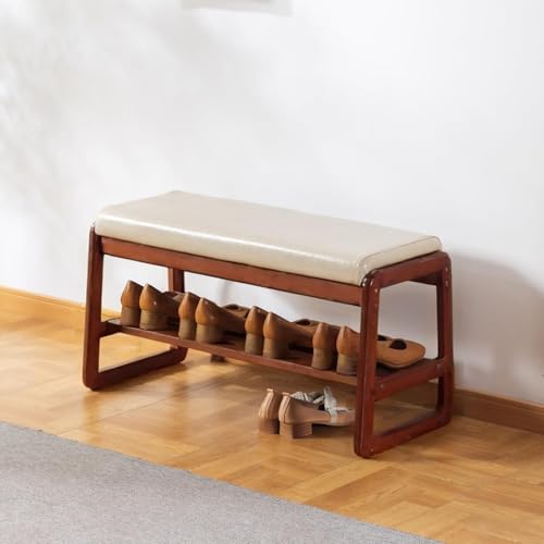 SOBIBO Solid Wood Shoe Bench, 2-Tier Wooden Entryway Bench, Modern Shoe Rack with Faux Leather Cushion for Hallway, Living Room (Gray, 31.5'') - color: Beige, size: 31.5 inches