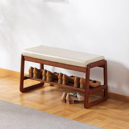 SOBIBO Solid Wood Shoe Bench, 2-Tier Wooden Entryway Bench, Modern Shoe Rack with Faux Leather Cushion for Hallway, Living Room (Gray, 31.5'') - color: Beige, size: 31.5 inches