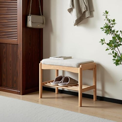 Solid Wood Shoe Bench, Small Entryway Bench with Light Gray Cushion | Natural oak finish with visible wood grain and soft cushion creates a compact, stylish seat for small spaces. - color: Natural + Light Gray Cushion, size: 17.71"