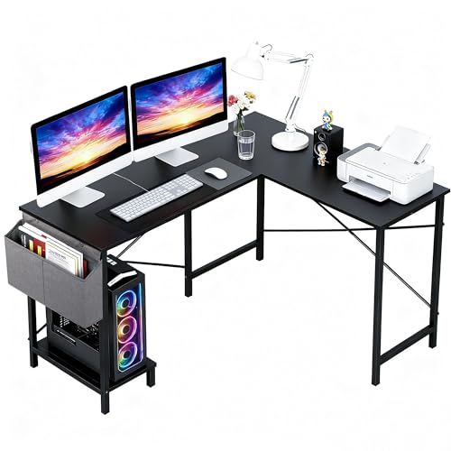 PayLessHere 50 Inch L-Shaped Computer Desk,Gaming Desk with Durable Metal Frame,Corner Desk with Side Storage Bag & CPU Stand for Home Office Gaming Study,Black - color: Black, size: 50 Inch