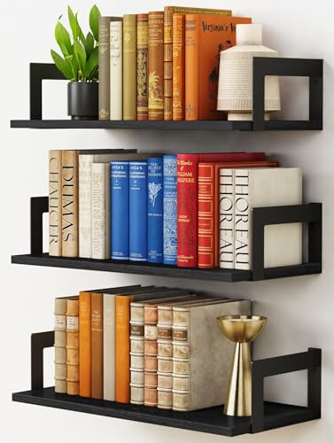 Harwaya Wall Mounted Bookshelf, Floating Bookshelves for Bedroom, 17 Inches Long Wall Mount Book Shelves for Living Room Office Books, Black Wall Book Holder Bookcase (Set of 3) - color: Black