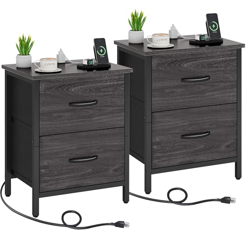 Vagusicc Nightstand Set of 2 with Charging Station, End Table Bedside Table with Power Outlet & USB Ports, Side Table with 2 Fabric Drawers for Bedroom, Living Room, Gray Walnut - color: Gray Walnut (2 Pack)