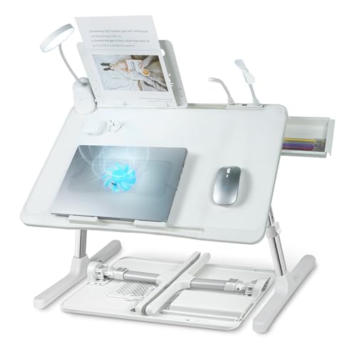iXTRA Laptop Lap Desk with Cooling Fan - Adjustable with Light, USB, Storage Drawer - Folding Bed Desk,22.04"*12.59",White - color: White,56-32cm