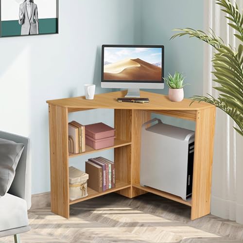 Talent Star Corner Computer Desk, Small Desk with Drawers and Open Shelves Small Study Table Triangle Desk with Storage CPU Stand Compact Home Office Triangle Table Workstation Light Brown