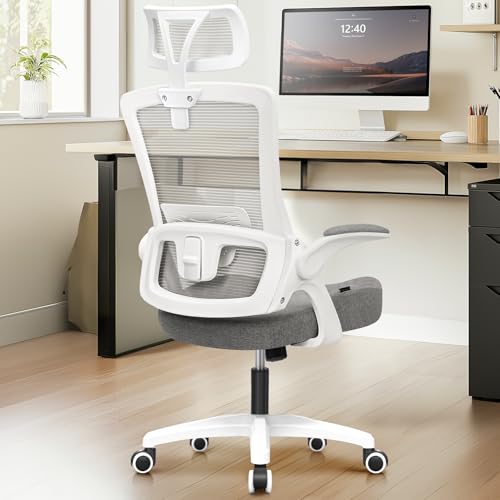 NEO CHAIR Office Desk Chair Gaming Computer High Back Support Mesh Comfy Seat with Adjustable Ergonomic Headrest Lumbar Rolling Flip-up Armrests and Wheels (Grey) - color: Grey