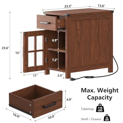 VVFLU Farmhouse End Table with Charging Station and 1 Storage Cabinet, 1 Drawer, Cherry Wood Nightstand Narrow, Skinny Side Table, Slim Bedside Table, Small Nightstand for Bedroom, Living Room, Sofa - color: Cherry/Glass