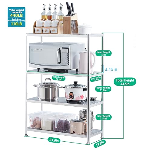 susunnus Stainless Steel Shelves 23.6in-4 Tier, Stainless Steel Shelf Organizer, Kitchen Storage Shelves, Artistic Texture, Pragmatic & Sturdy & Waterproof - size: 23.6in*13.8in-4T