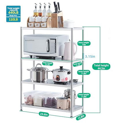 susunnus Stainless Steel Shelves 23.6in-4 Tier, Stainless Steel Shelf Organizer, Kitchen Storage Shelves, Artistic Texture, Pragmatic & Sturdy & Waterproof - size: 23.6in*13.8in-4T