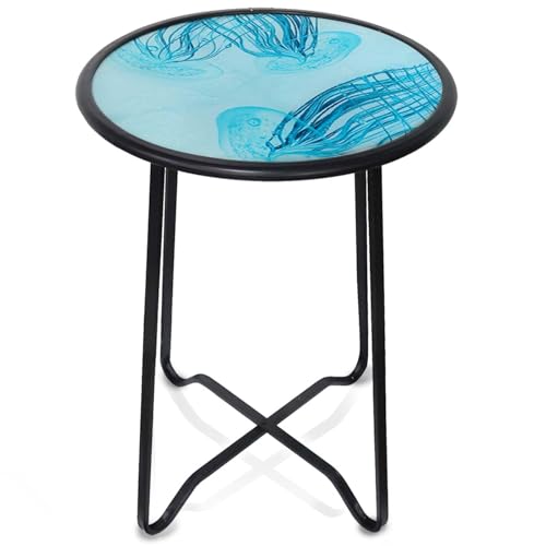 LIFFY Outdoor Side Table,14" Indoor Outdoor Round Glass Tabletop Accent Table with Metal Frame, Decorative Plant Stand & End Table for Home, Patio, Garden - color: Light Blue-14 Inches