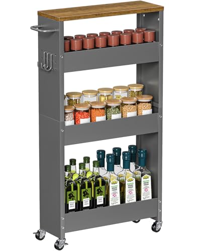XYZLVSI Slim Storage Cart, 4 Tier Rolling Kitchen Cart on Wheels for Small Space, Narrow Laundry Bathroom Organizers Mobile Shelving Unit Metal Utility Cart with Handle, 5.9in Width, Gray | 5.9" W skinny storage cart, 12.4" bottom metal utility cart with
