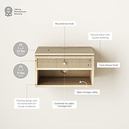 Nathan James Jackson Wall Mounted Rattan Floating Bedroom Nightstand with Storage Drawer and Modern Open Shelf Cubby, Light Oak/Rattan - color: Light Oak/Rattan, size: 1