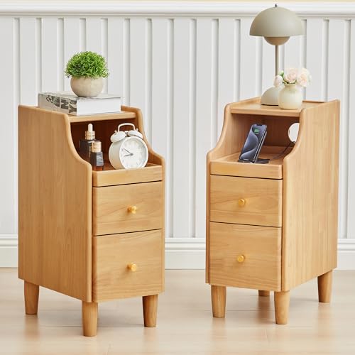 Solid Wood Narrow Nightstand, Slim Bedside Table with 2 Drawers & Slide-Out Tray, Mid-Century Modern End Table Side Table for Bedroom, Living Room, Small Spaces (Natural-2 Packs) - color: Natural-2 Packs