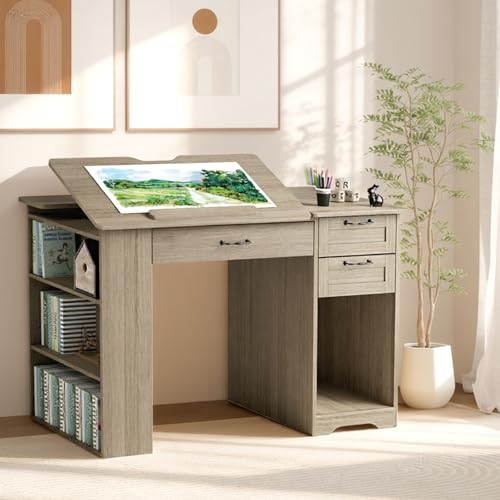 Drafting Table with Storage Cabinet & Drawers, Adjustable Drawing Desk with Open Shelves, Craft Table Painting Desk for Artists, Painters, Drawing, Crafting, Reading, Writing, Working (Grey) - color: Grey