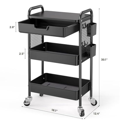 KINGBOARD 3 Tier Metal Rolling Cart with Drawer, Black Utility Storage Cart | 2 Cups & 4 Hooks, Lockable Wheels, Trolley Organizer for Bathroom, Kitchen, Office, Nursery, Dorm, Laundry, Craft Room