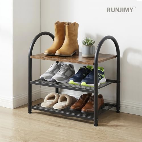 3-Tier Shoe Rack, Rustic Wood Look Shoe Organizer with Metal Frame and Mesh Shelves, Space-Saving for Entryway, Hallway, Bedroom (17.32" L x 10.24" W x 17.13" H) - size: 17.32" X 10.24" X 17.13"