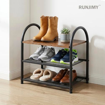 Small Shoe Rack Organizer for Entryway, Narrow Shoe Shelf Wood | 3-Tier, Rustic Wooden Top, Arched Metal Frame, Sturdy Mesh Shelves, for Front Door Closet Garage, 17.32" x 10.24" x 17.13" - size: 17.32" X 10.24" X 17.13"