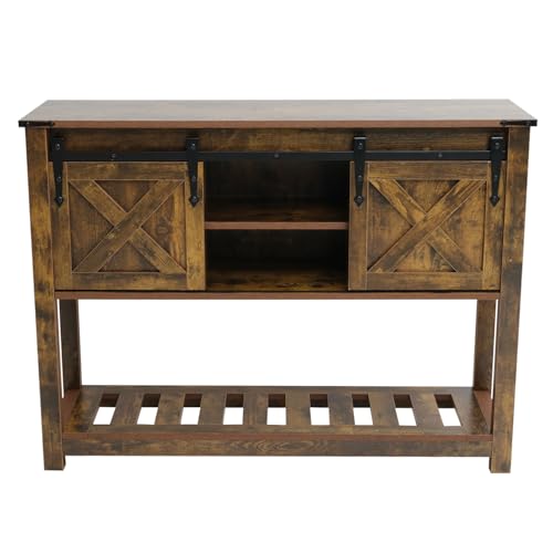 Brown Farmhouse Entryway Table, Rustic Hallway Table with Storage Shelf, Sofa Table with Sliding Barn Doors for Hallway, Entryway, Living Room, Foyer - color: Brown
