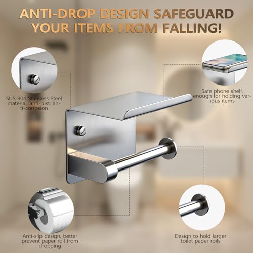 Toilet Paper Holder with Phone Shelf, Tissue Roll Holder with Storage Shelf | Adhesive or Screw Wall Mount Toilet Tissue Roll Holder for Bathroom Washroom, With 5 Stainless Hook, Rustproof, Silver