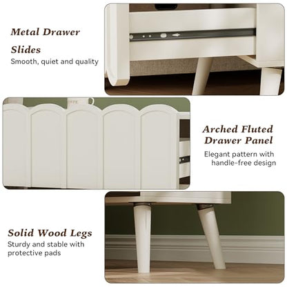 Modern Fluted Nightstand for Bedroom, White Wood Bedside Table | Wood End Side Table with Arch Curved Design, Night Stand with 2 Drawer - color: White, size: 1 Pack