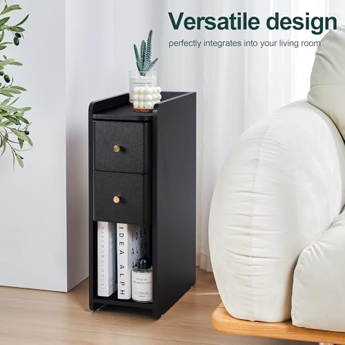 Narrow End Table Bedroom, Wooden Small 2 Drawer Nightstand, Thin Couch Side End Table, Skinny Bedside Table Small Spaces, Mid Century Modern Night Stand with Drawers (Black-1 pc) - color: Black-1 Pc