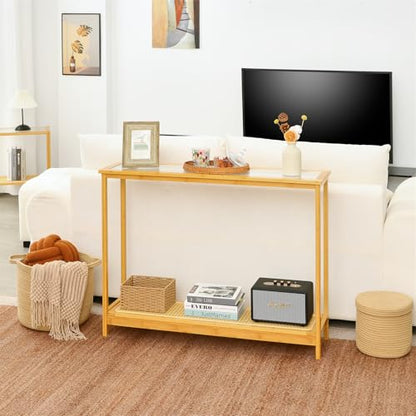 Bamboo Narrow Console Table, 39.4"(L) Wood Small Entryway Table with Rattan and Glass, Accent Slim Hallway Tables, Thin Sofa Side Tables for Hallway, Living Room, Foyer, Burlywood - color: Burlywood 39.4"(l)