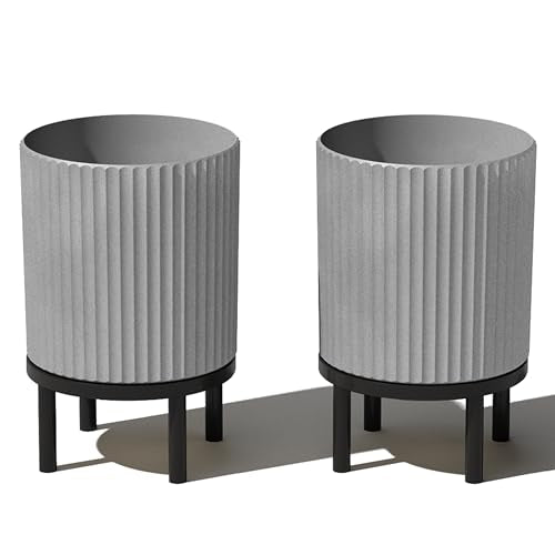 Veradek Demi Series Round Planter w/Stand for Porch/Patio | Durable Plastic-Stone Composite & Wooden Stand | Modern Décor for Tall Plants, Flowers - color: Gray/Black, size: 12 inch - 2 Pack