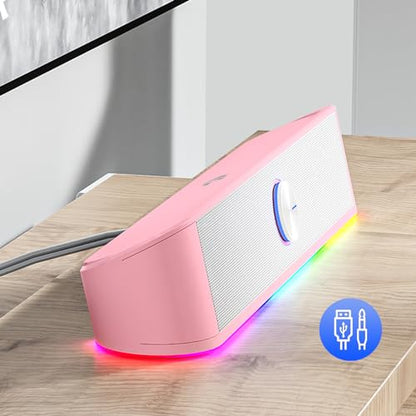 Redragon GS560 RGB Desktop Soundbar, 2.0 Channel Computer Speaker with Dynamic Lighting Bar Audio-Light Sync/Display, Touch-Control Backlit with Volume Knob, USB Powered w/ 3.5mm Cable, Pink - color: Pink