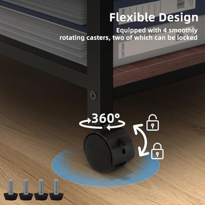 Lerliuo 24" Wide Large Printer Stand with Storage, Walnut | Printer Table for Home Office with Charging Station, 3 Tier Industrial Mobile Printer Cart with Lockable Wheels - color: Walnut