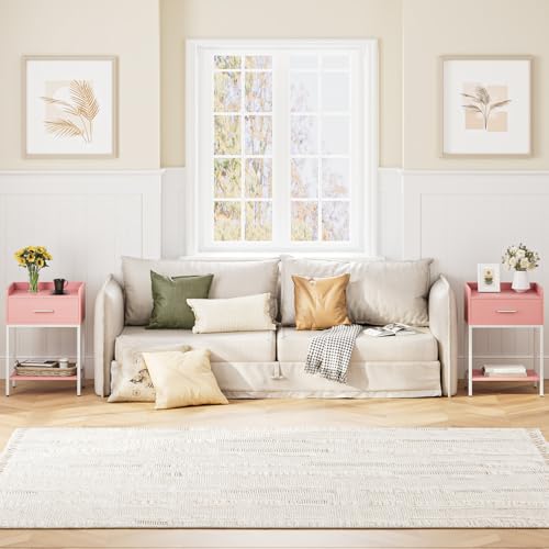 Nightstand,Modern Bedside Table Night Stand with Storage Drawer and Open Shelf,Small End Side Table for Bedroom,Living Room,Pink - color: Pink
