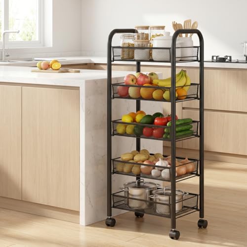 5 Tier Slim Fruit Basket, Stackable Vegetable Storage Cart for Kitchen, Metal Wire Fruit Basket Organizer On Wheels, Rolling Produce Pantry Snack Rack for Fruits, Potato, Onion, Snacks - color: Black, size: 5-Layers
