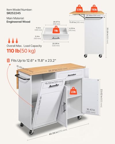 VEVOR Kitchen Island Cart with Storage, 46.06 in Wide Mobile Rolling Storage Island on Swivel Wheels, with Drawer, Storage Cabinet, Drop Leaf, Spice/Towel Rack, Table for Home Dining Room, White - size: 46.06"W (dropleaf)