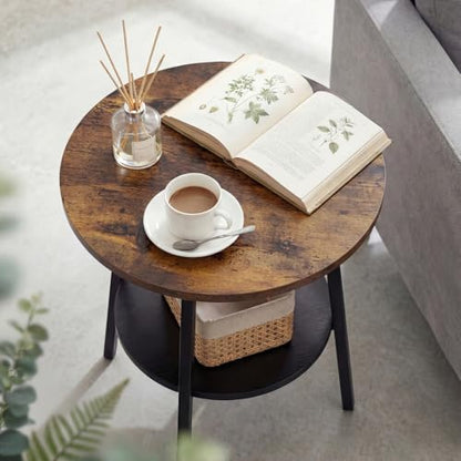 Small Round Side Table, End Tables Living Room, Rustic Brown | 2-Tier Side Table with Storage Shelf for Small Spaces, Bedside Accent Table for Living Room, Bedroom, Metal Frame & Wood Top - color: Rustic Brown