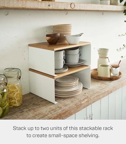 YAMAZAKI Home Tosca Wood-Top Stackable Kitchen Rack - Modern Counter Shelf Organizer - Large - Steel + Wood - Stack Up to Two - size: Large