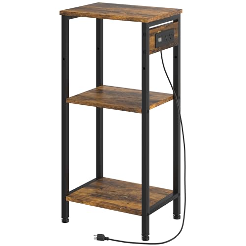 Asgolion Tall End Table with Charging Station, 3 Tier Narrow Tall Nightstand with Storage, Slim Side Table with USB Ports and Outlets for Bedroom, Living Room, Office, Rustic Brown and Black - color: Rustic Brown, size: 14.8"D x 11"W x 30"H