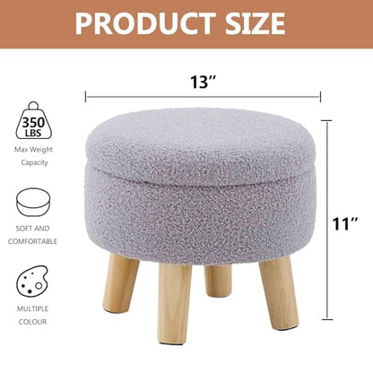 Wimarsbon Storage Ottoman, Modern Round Footrest with Soft Padded Seat, Teddy Velvet Footstool with Wood Legs, Accent Small Table or Plant Stand for Hallway, Living Room (Grey) - color: Grey
