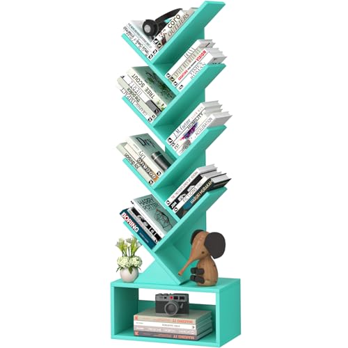 SHEEPAM 9 Tier Tree Bookshelf,Christmas Green Bookcase for Narrow Space, Storage Organizer Floor Standing Bookshelves for Books, Tall Book Case for Home Office, Living Room, Bedroom - color: Vitality Green, size: 9 Tier