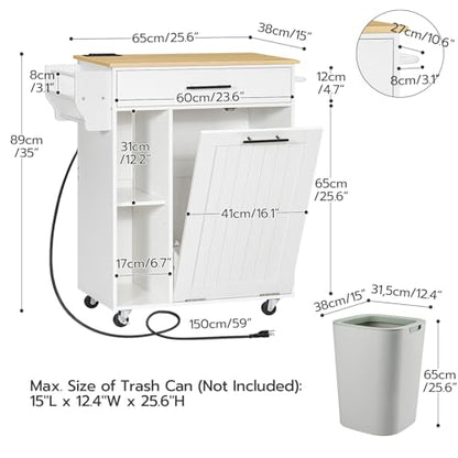 HOOBRO Kitchen Island with Trash Can Storage, Rolling Kitchen Island on Wheels, Kitchen Storage Island with Power Outlet, Mobile Islands Table for 10 Gallon Garbage Bin, Natural and White WN80UZD01G1 - color: Natural + White