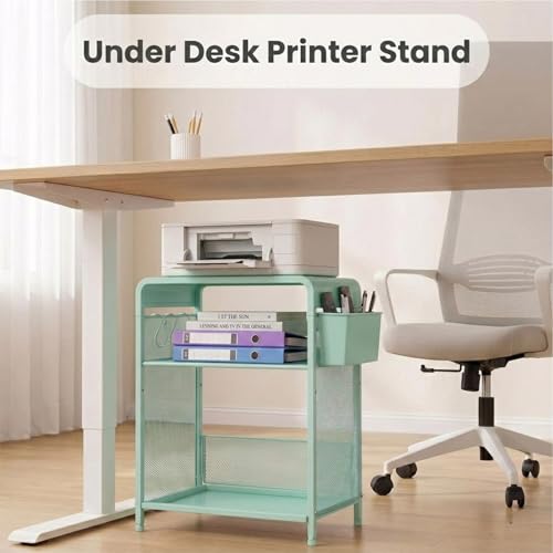 ECOLOVI 3 Tier Printer Stand for Under Desk, Height Adjustable Shelf Small Printer Table with 3 S-Hooks & Basket, Heavy Duty Industrial Storage Shelf for Home Office (Green) - color: Green