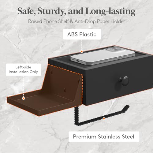 Lifewit Plastic Toilet Paper Holder with Shelf and Drawer, Screw or Adhesive Wall Mount Tissue Roll Storage, Sturdy Bathroom Wipes Dispenser Organizer, Black, 1 Pack - color: Black