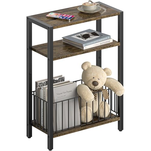 Yoobure Narrow Side Table with Storage Basket, Small End Table for Small Spaces Skinny Side Tables Living Room Bedroom, Slim Nightstand 3 Tier Bedside Table Space-Saving for Magazine, Rustic Brown - color: Rustic Brown