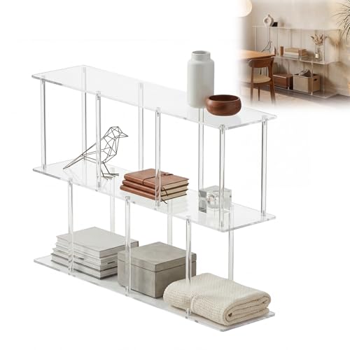 3-Tier Acrylic Low Bookshelf 11.8''D X 47.2''W X 24.6''H Clear Long Bookcase with Large Storage Cube Organizer Shelf Easy Assembly for Office Living Room Bedroom