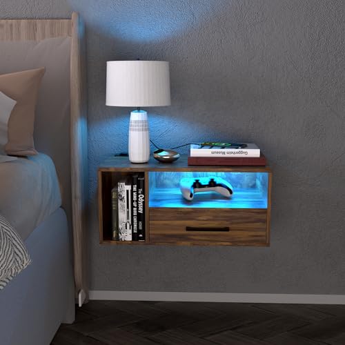 Homaterial Floating Nightstand with Charging Station and LED Lights, Floating Bedside Table with Drawers Wall Mounted Nightstands,for Bedroom Room, 21.3" x 11.8" x 10",Rustic Brown - color: Rustic Brown