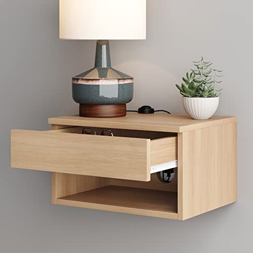 Nathan James Jackson Wall Mounted Floating Bedroom Nightstand with Storage Drawer and Modern Open Shelf Cubby Set of 2, Light Oak Wood - color: Light Oak, size: Set of 2